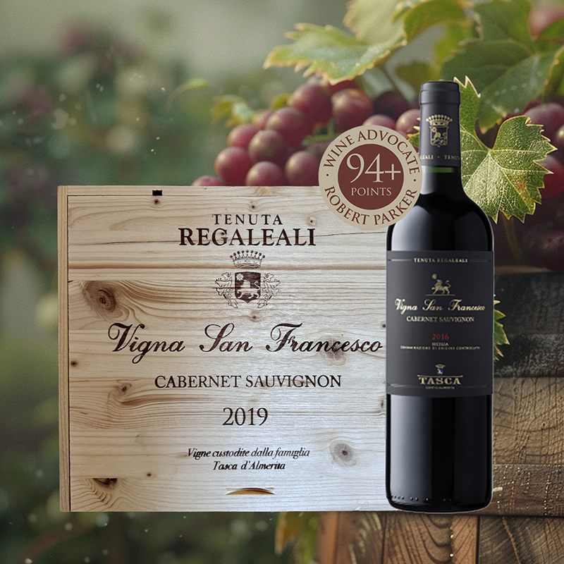6 Flaschen Cabernet Sauvignon Vigna San Francesco DOC 2019 – Tasca D' Almerita in Original Holzkiste 6 Flaschen Cabernet Sauvignon Vigna San Francesco DOC 2019 – Tasca D' Almerita in Original Holzkiste
